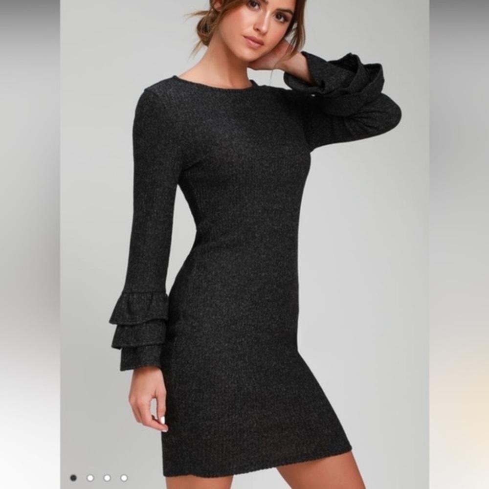 Women’s Gray Long Sleeve Flare Midi Bodycon Lulu’s Sweater Dress Large - Picture 2 of 13